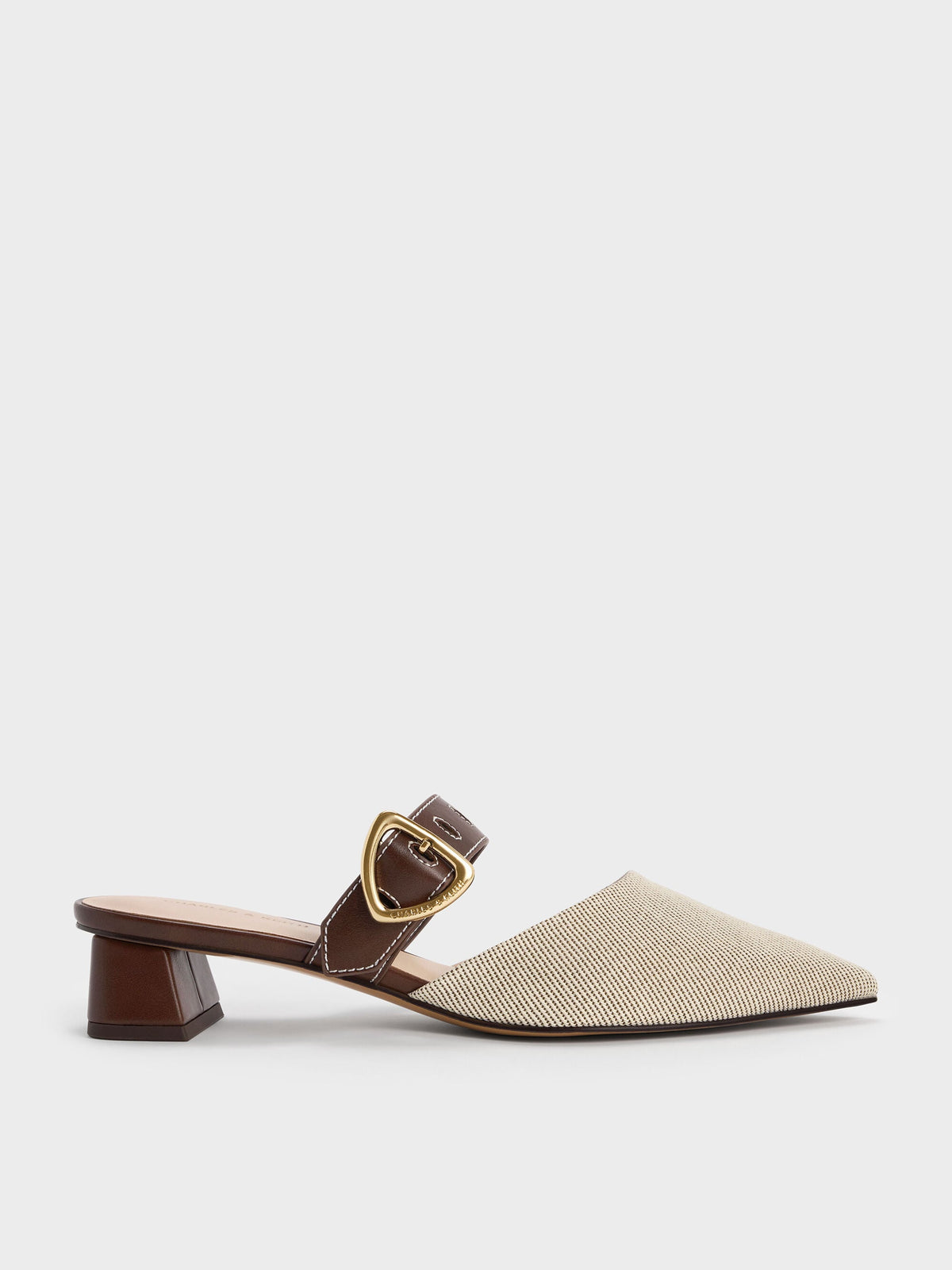 Sepphe Twill Buckle-Strap Heeled Mules - Brown | CHARLES & KEITH