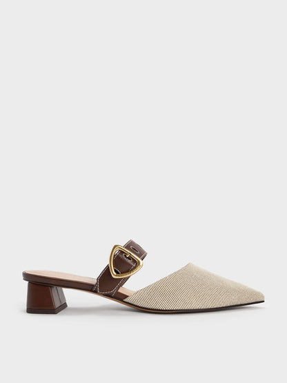 Sepphe Twill Buckle-Strap Heeled Mules - Brown | CHARLES & KEITH