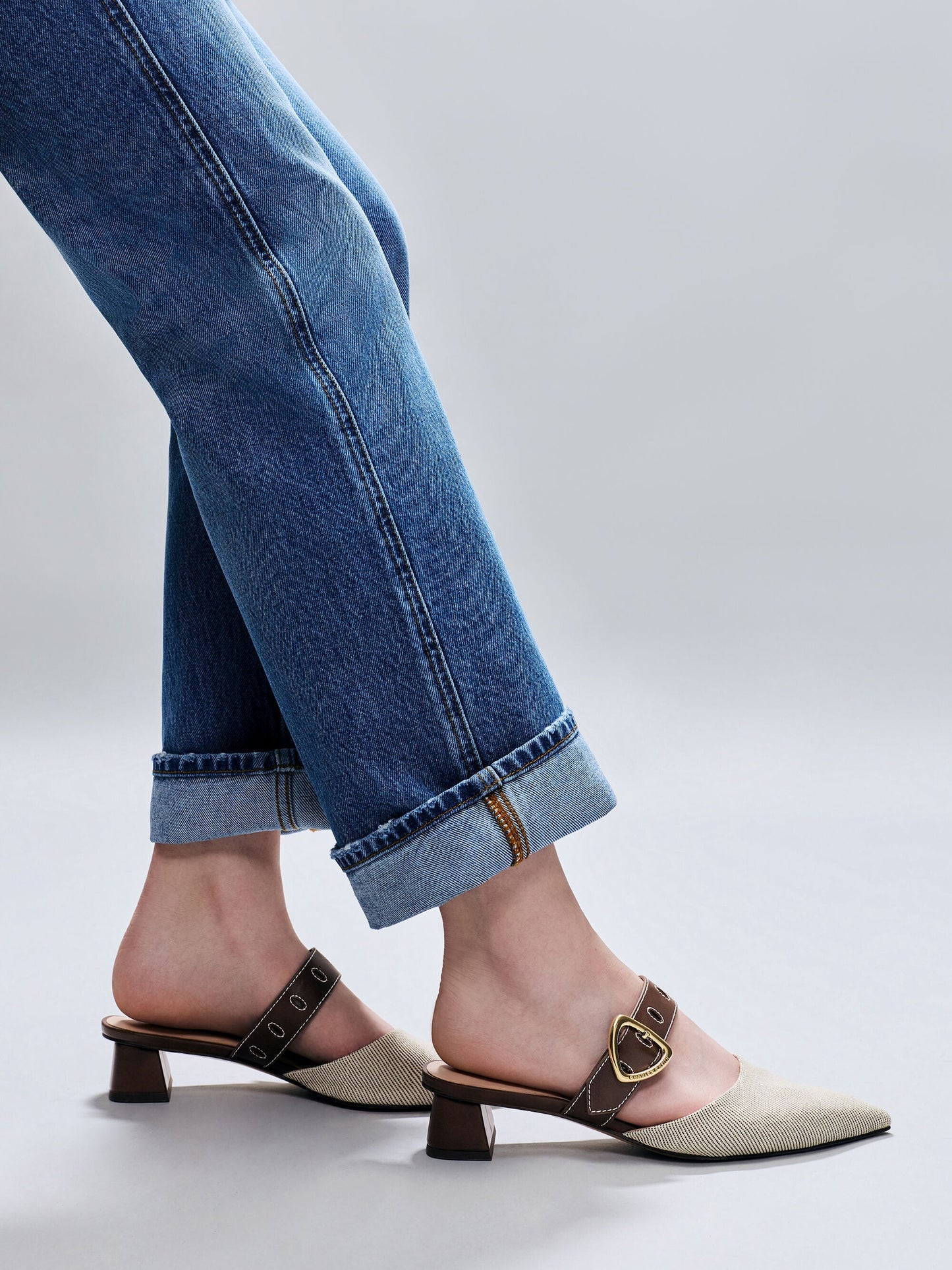 Sepphe Twill Buckle-Strap Heeled Mules - Brown | CHARLES & KEITH