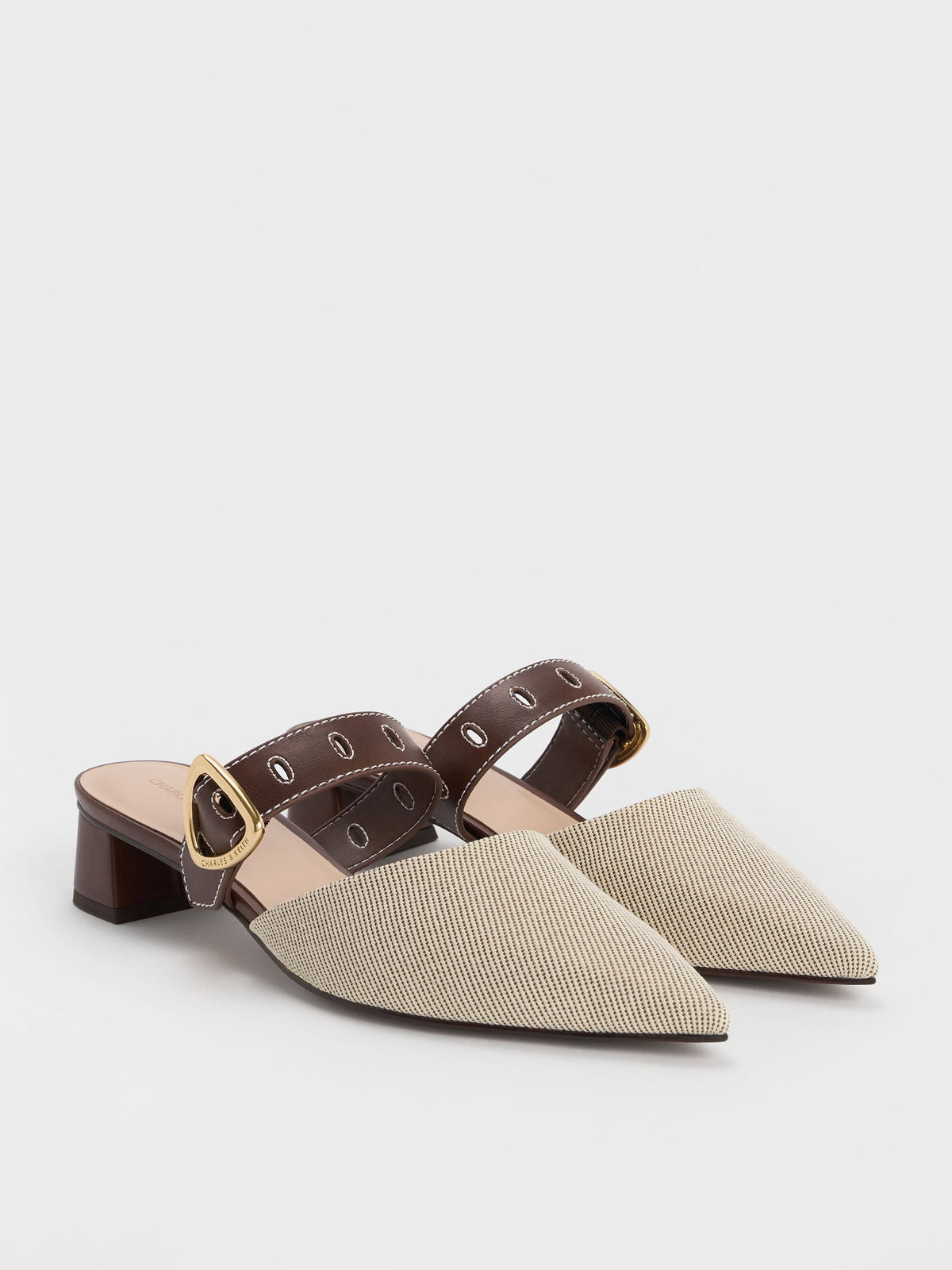 Sepphe Twill Buckle-Strap Heeled Mules - Brown | CHARLES & KEITH