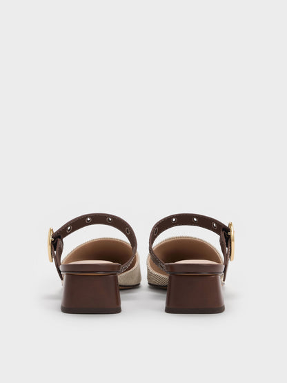 Sepphe Twill Buckle-Strap Heeled Mules - Brown | CHARLES & KEITH