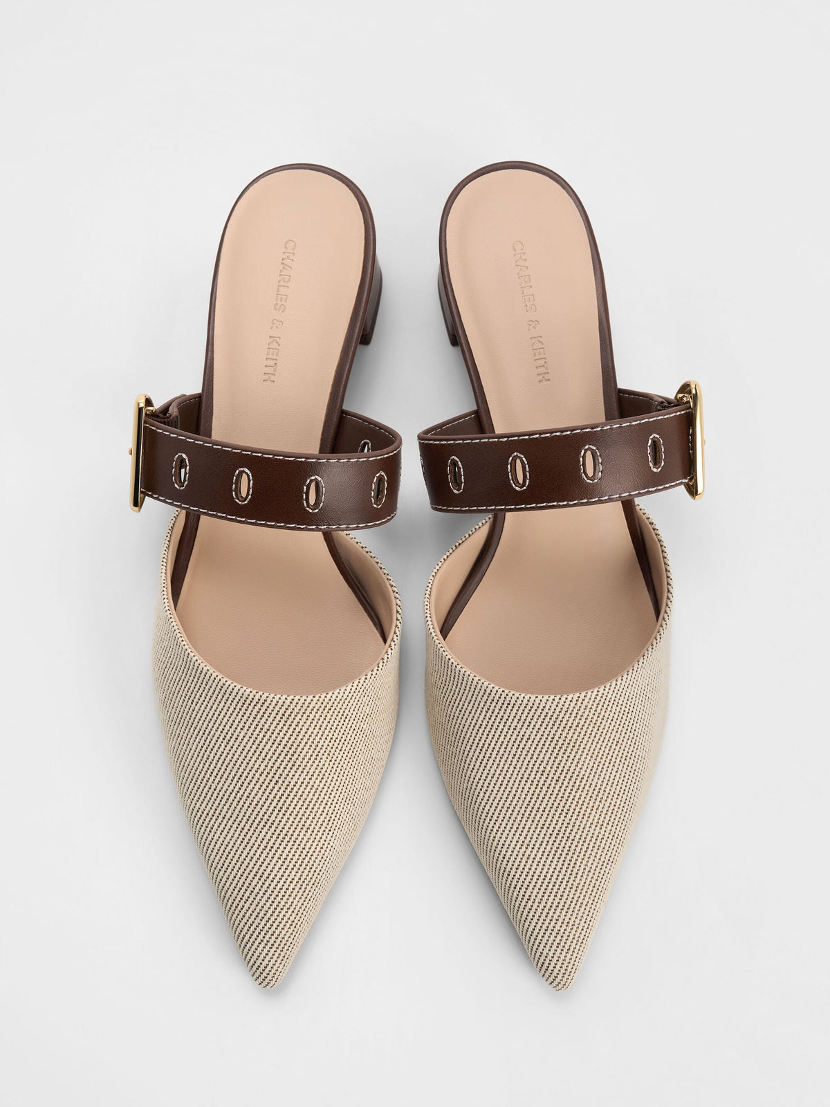 Sepphe Twill Buckle-Strap Heeled Mules - Brown | CHARLES & KEITH