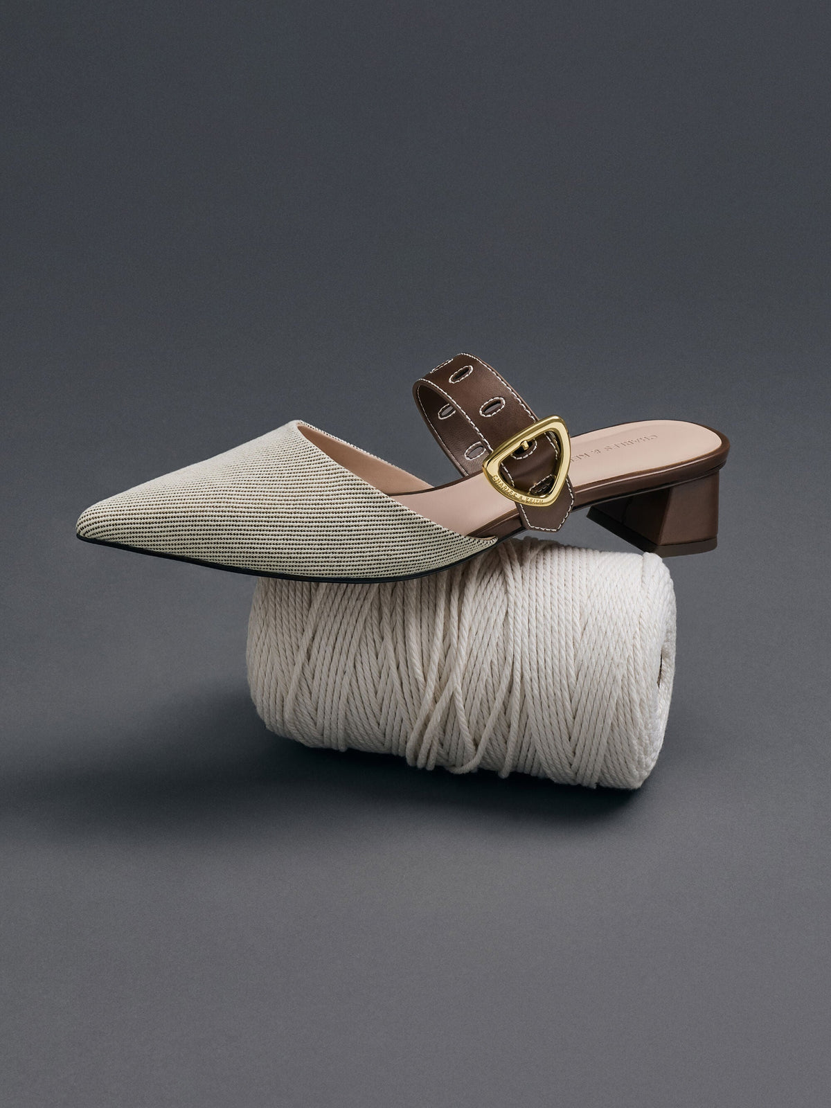 Sepphe Twill Buckle-Strap Heeled Mules - Brown | CHARLES & KEITH