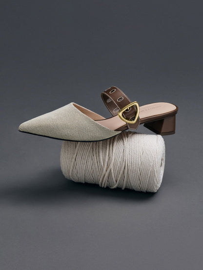 Sepphe Twill Buckle-Strap Heeled Mules - Brown | CHARLES & KEITH