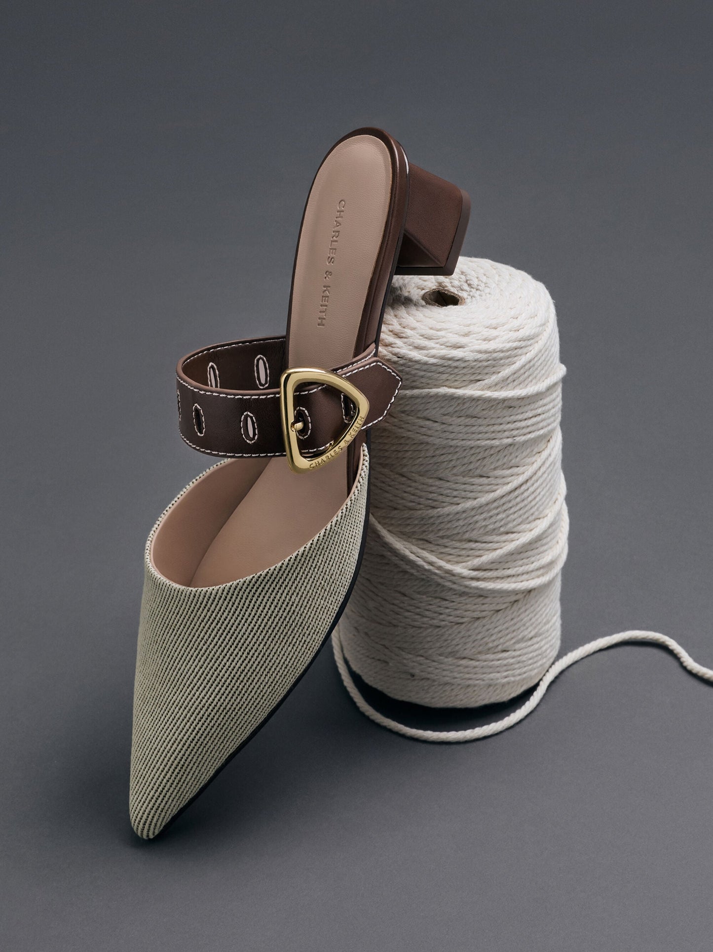 Sepphe Twill Buckle-Strap Heeled Mules - Brown | CHARLES & KEITH