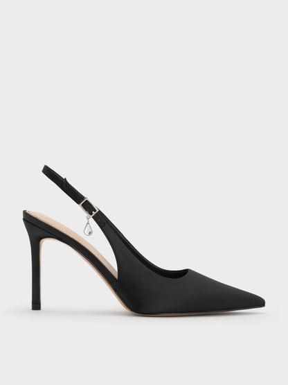 Teardrop-Crystal Pointed Slingback Pumps - Black Textured | CHARLES & KEITH