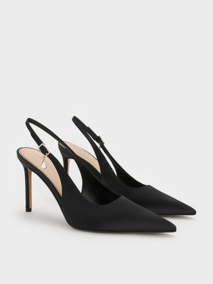 Teardrop-Crystal Pointed Slingback Pumps - Black Textured | CHARLES & KEITH
