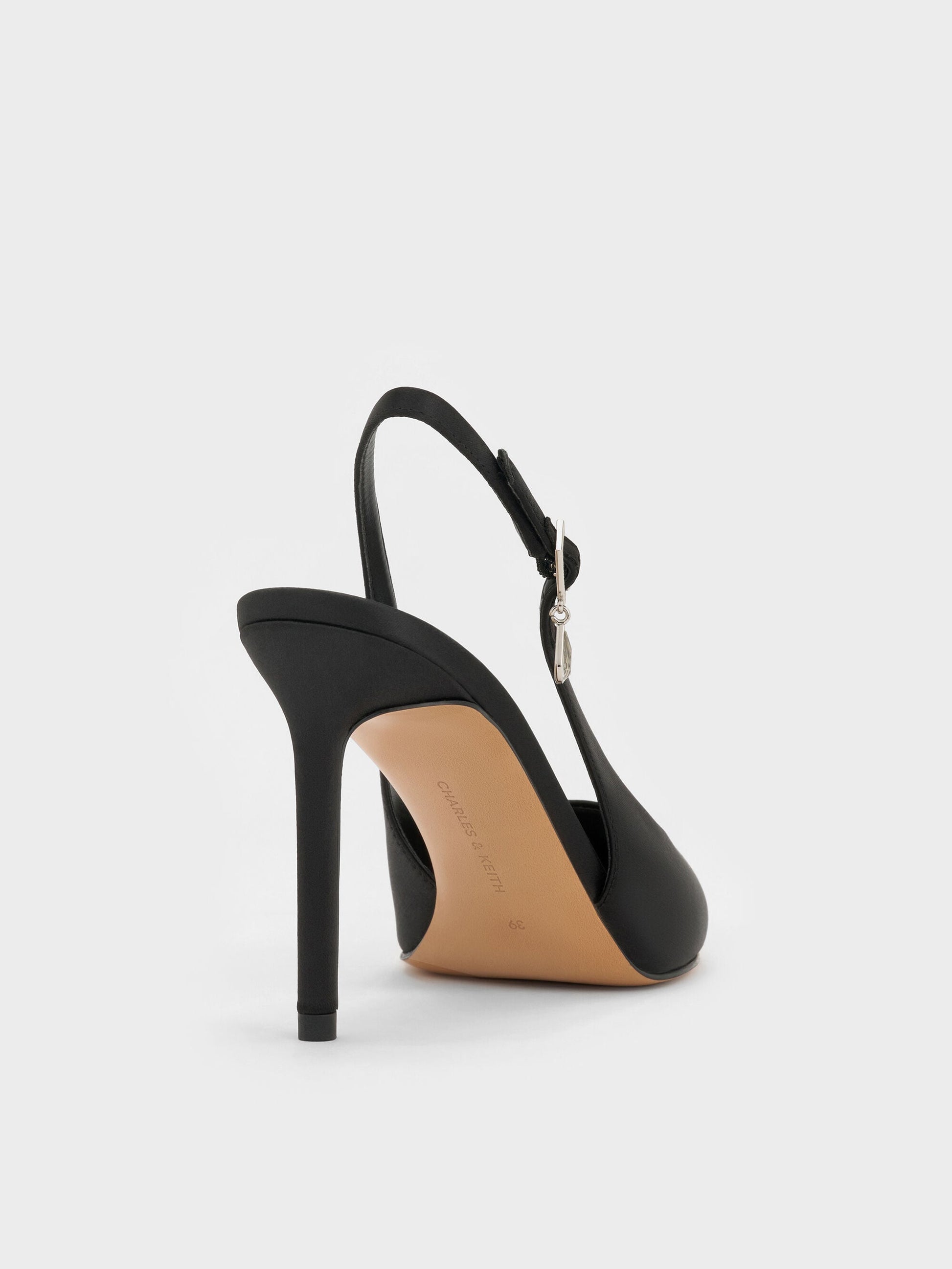 Teardrop-Crystal Pointed Slingback Pumps - Black Textured | CHARLES & KEITH