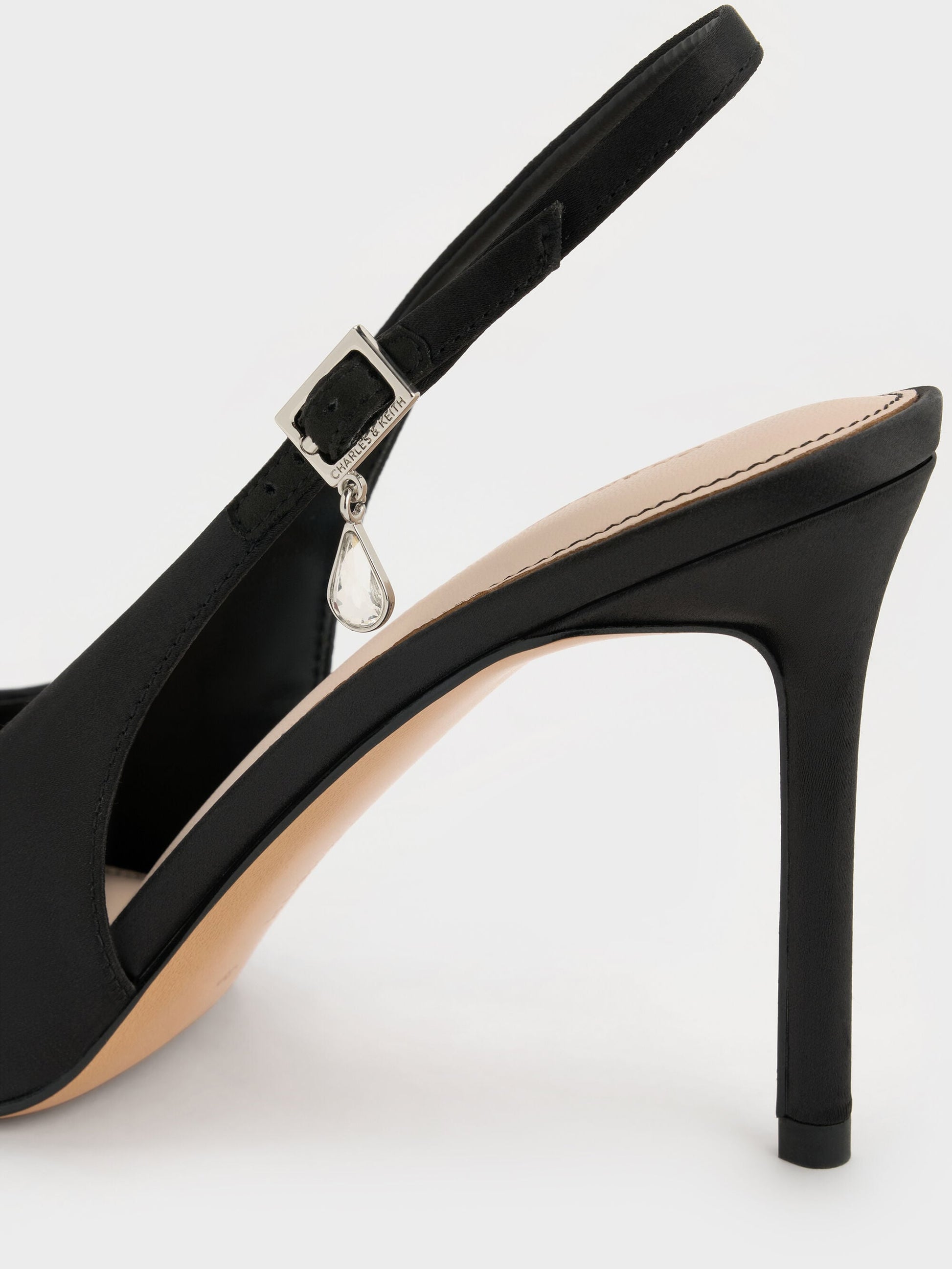 Teardrop-Crystal Pointed Slingback Pumps - Black Textured | CHARLES & KEITH