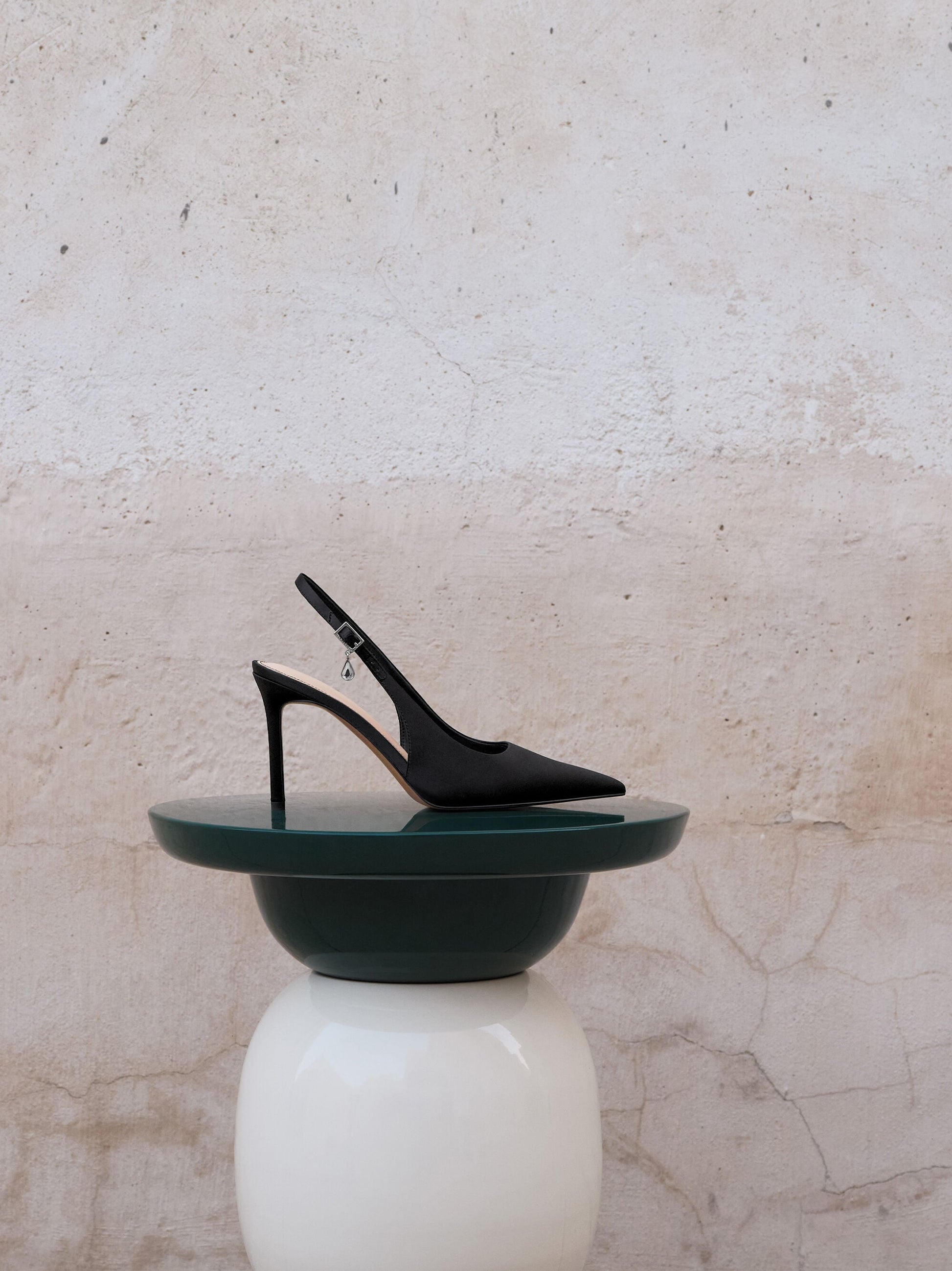 Teardrop-Crystal Pointed Slingback Pumps - Black Textured | CHARLES & KEITH