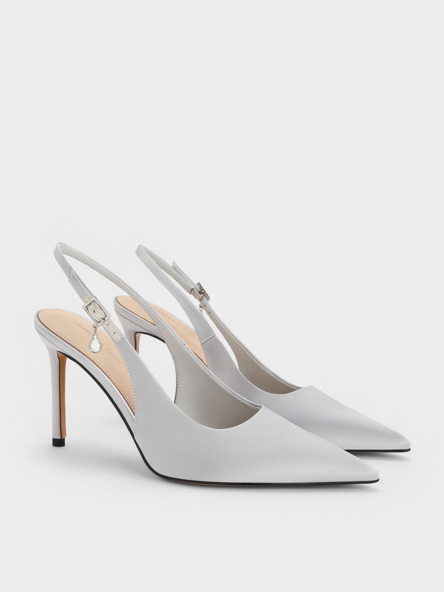 Teardrop-Crystal Pointed Slingback Pumps - Silver | CHARLES & KEITH