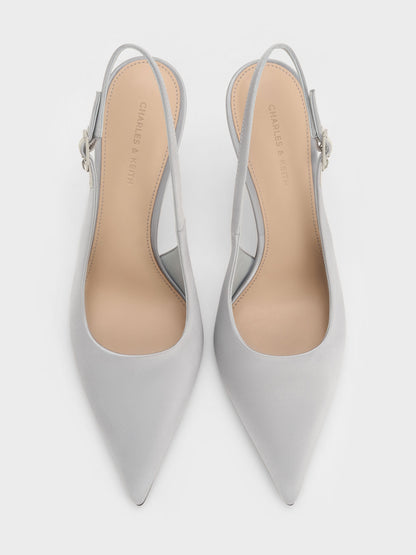 Teardrop-Crystal Pointed Slingback Pumps - Silver | CHARLES & KEITH