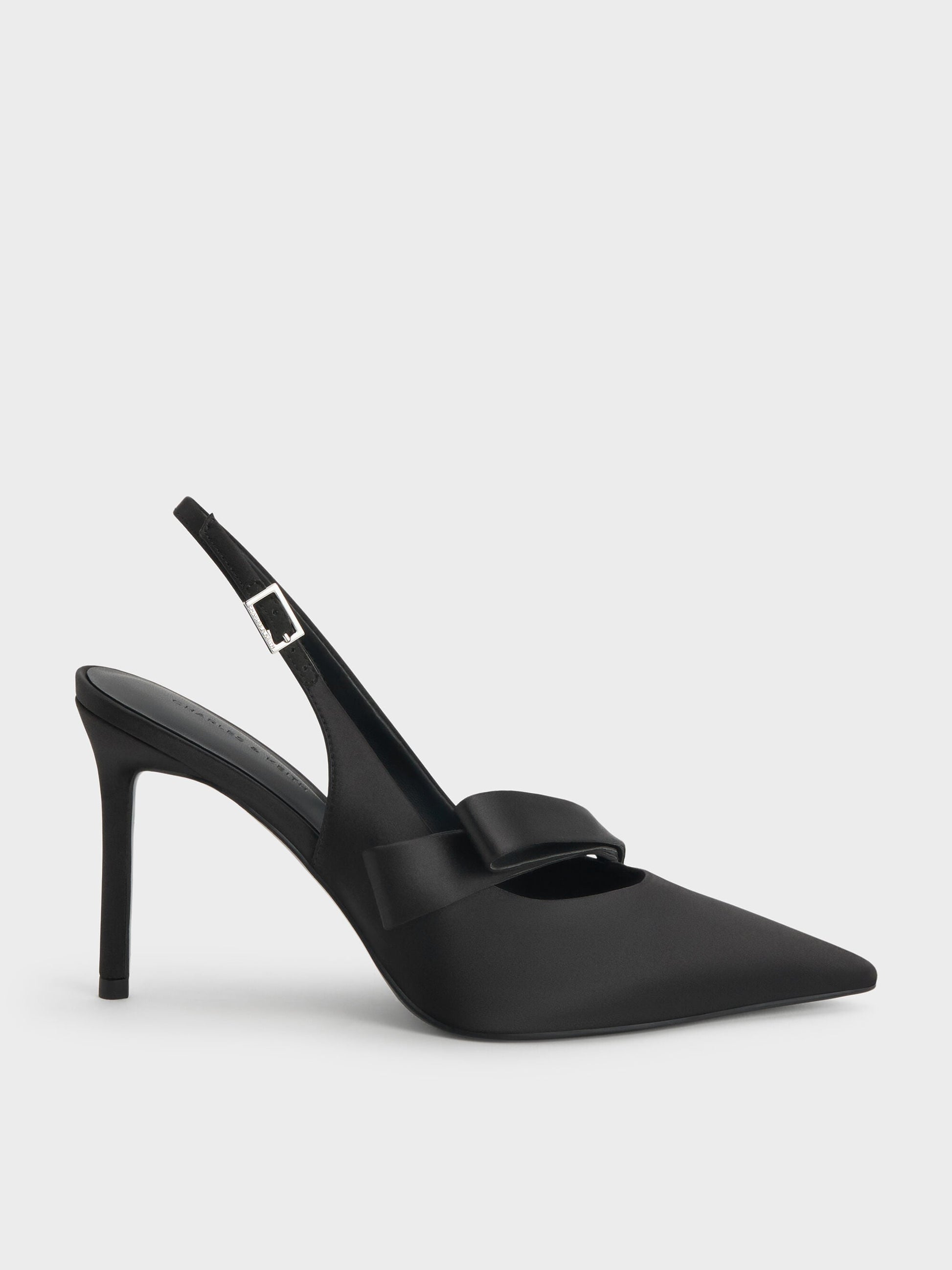 Satin Pleated-Strap Slingback Pumps - Black Textured | CHARLES & KEITH