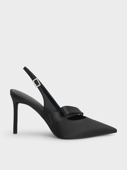 Satin Pleated-Strap Slingback Pumps - Black Textured | CHARLES & KEITH