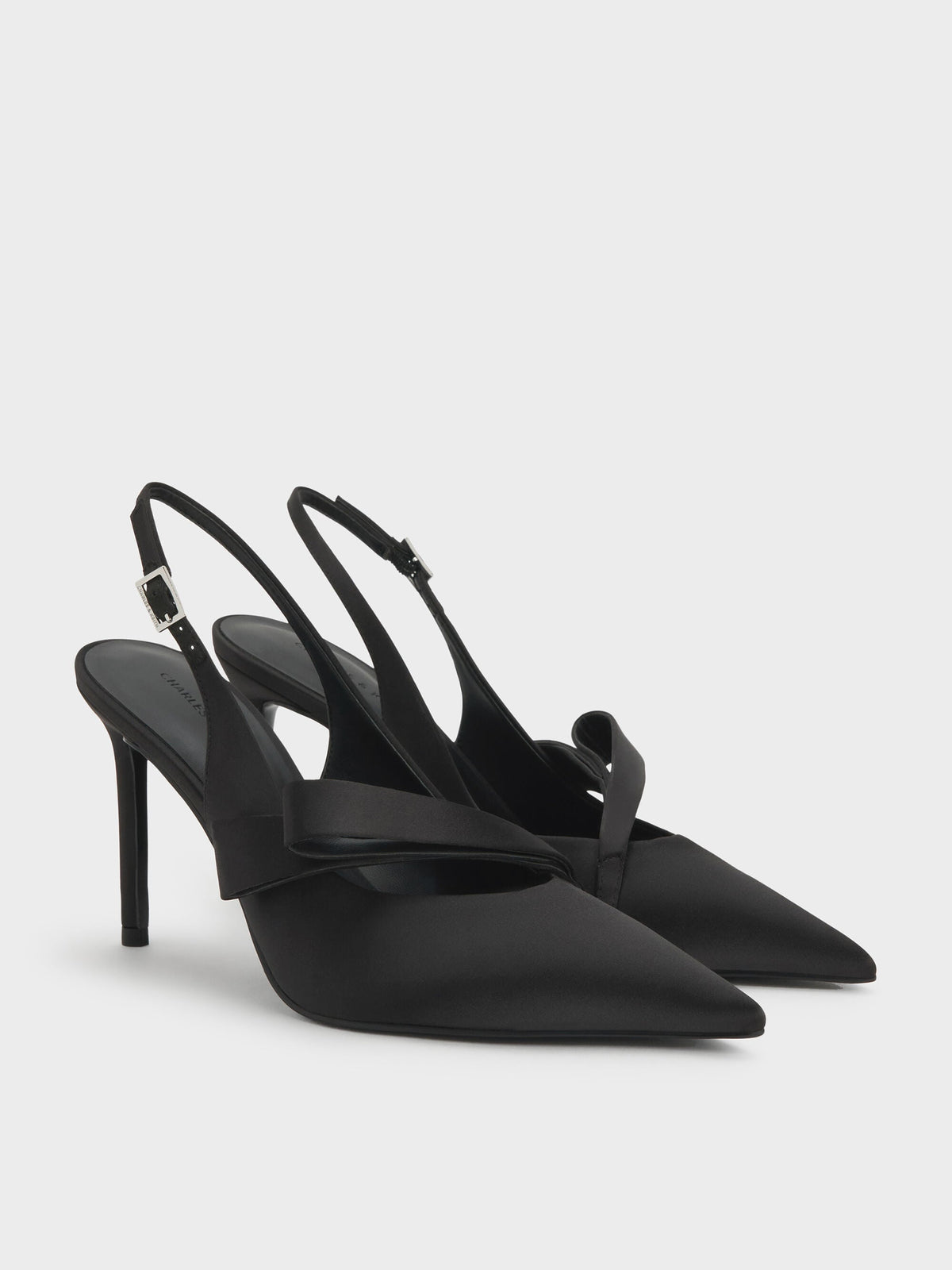 Satin Pleated-Strap Slingback Pumps - Black Textured | CHARLES & KEITH