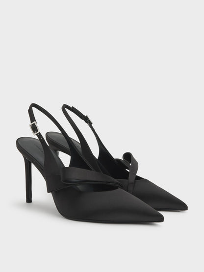 Satin Pleated-Strap Slingback Pumps - Black Textured | CHARLES & KEITH