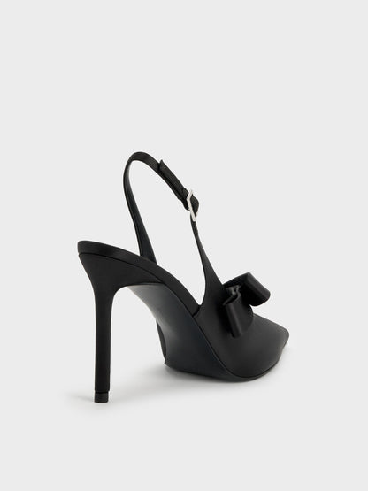 Satin Pleated-Strap Slingback Pumps - Black Textured | CHARLES & KEITH