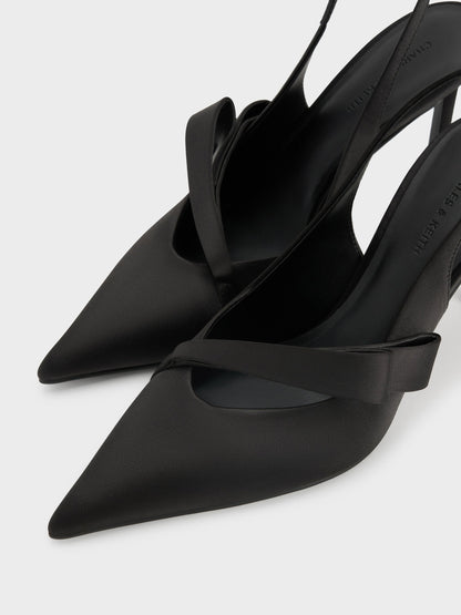 Satin Pleated-Strap Slingback Pumps - Black Textured | CHARLES & KEITH
