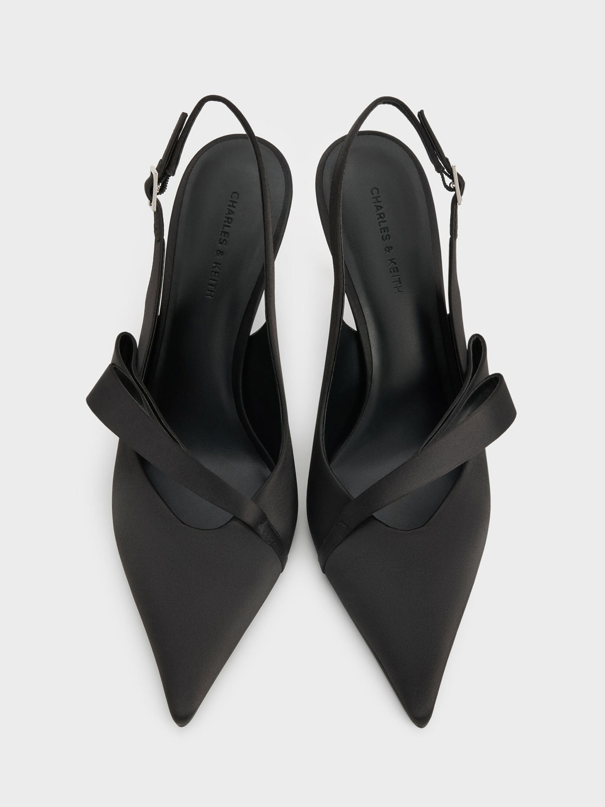 Satin Pleated-Strap Slingback Pumps - Black Textured | CHARLES & KEITH