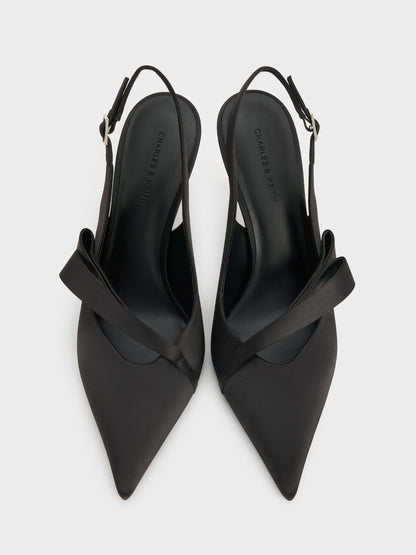 Satin Pleated-Strap Slingback Pumps - Black Textured | CHARLES & KEITH