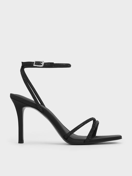 Satin Crystal-Embellished Asymmetric Heeled Sandals - Black Textured | CHARLES & KEITH