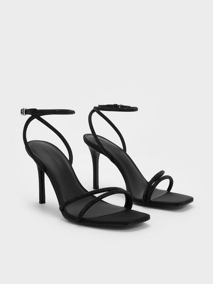 Satin Crystal-Embellished Asymmetric Heeled Sandals - Black Textured | CHARLES & KEITH