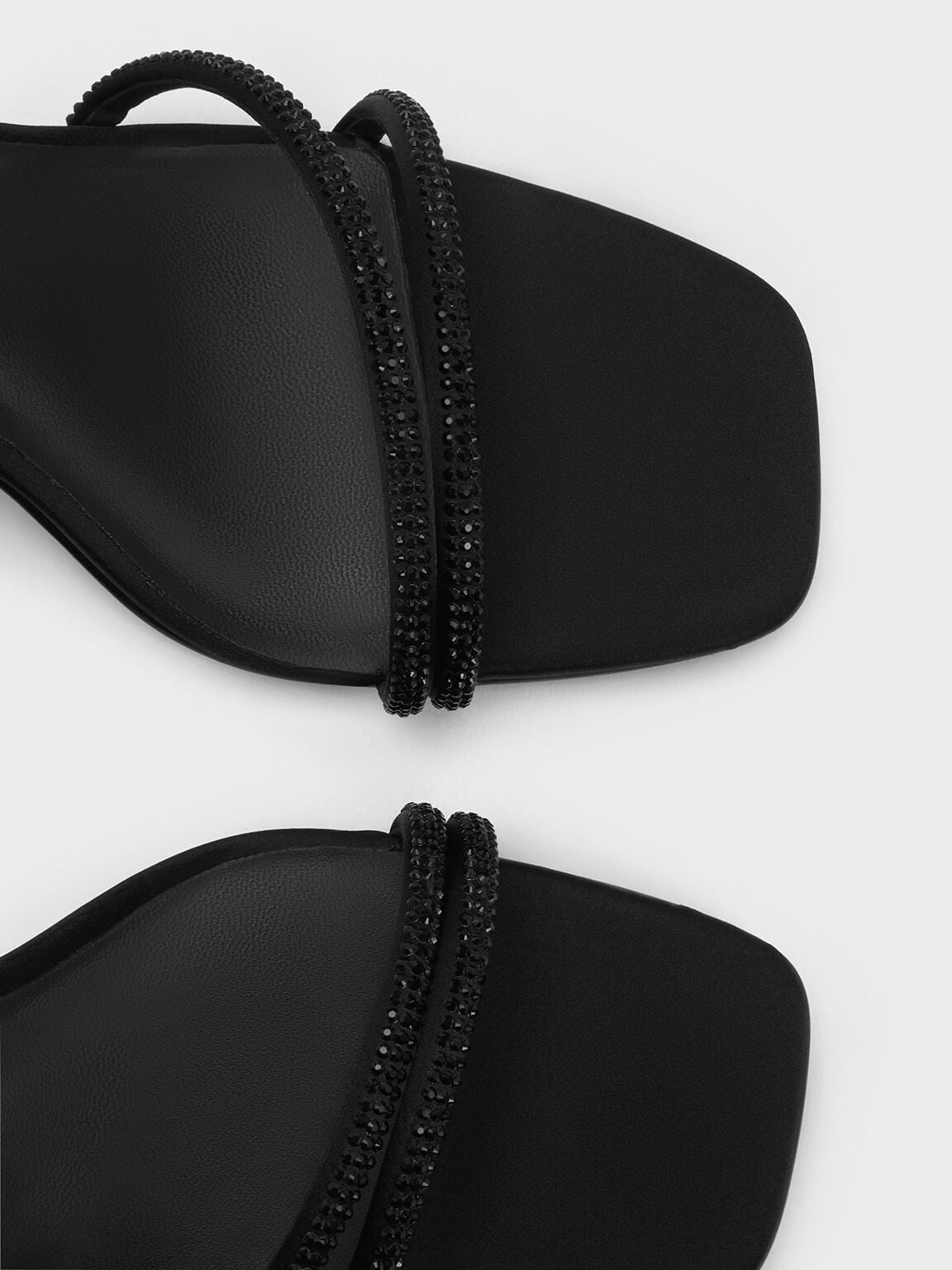 Satin Crystal-Embellished Asymmetric Heeled Sandals - Black Textured | CHARLES & KEITH