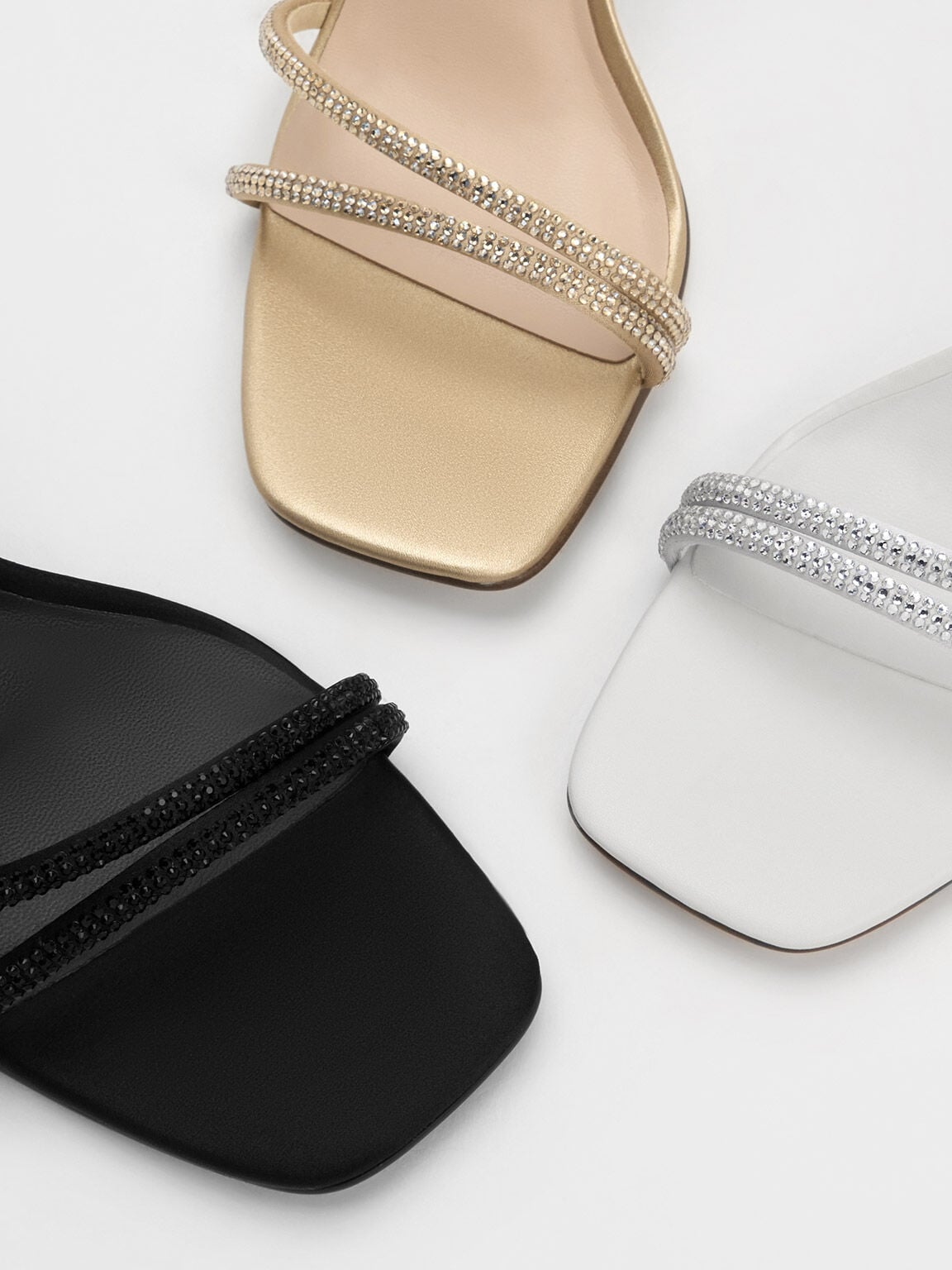 Satin Crystal-Embellished Asymmetric Heeled Sandals - Black Textured | CHARLES & KEITH