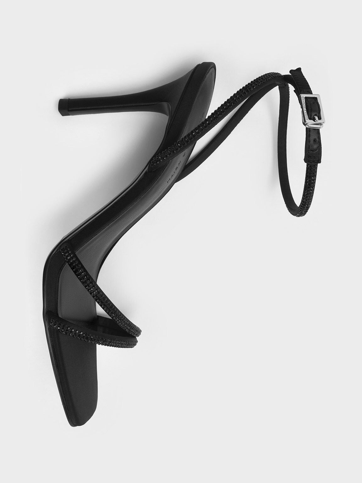 Satin Crystal-Embellished Asymmetric Heeled Sandals - Black Textured | CHARLES & KEITH
