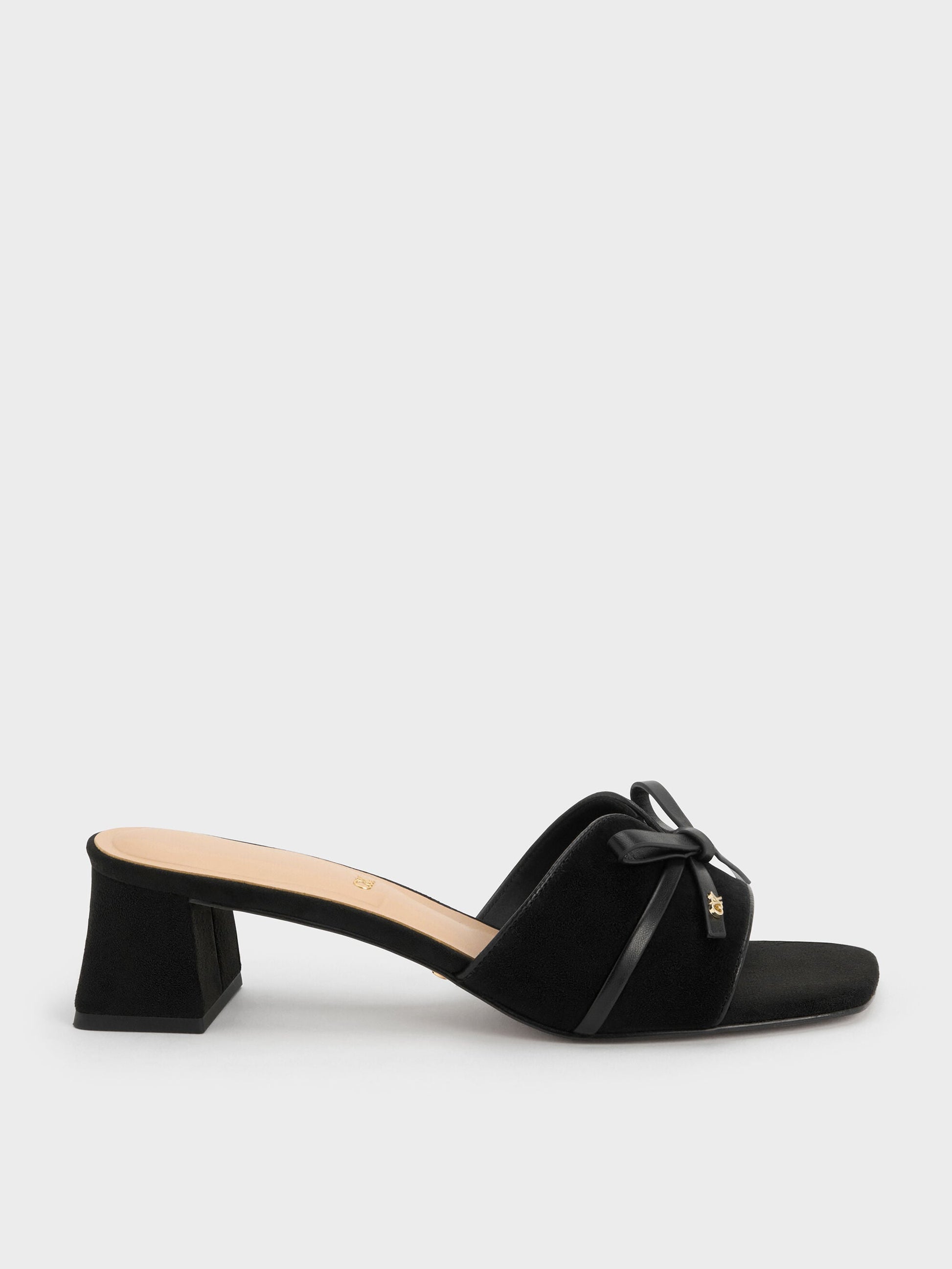 Leather & Suede Bow Heeled Mules - Black Textured | CHARLES & KEITH