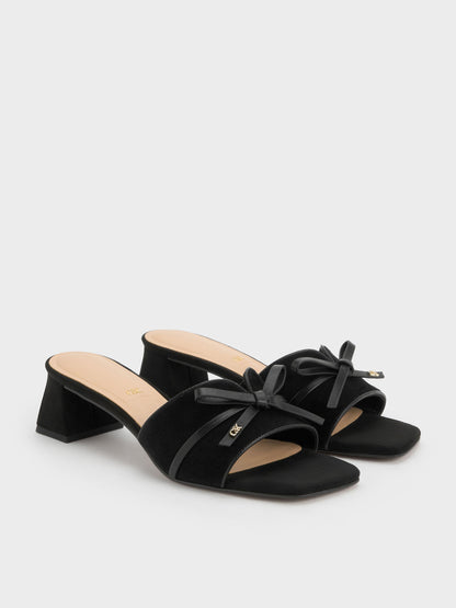 Leather & Suede Bow Heeled Mules - Black Textured | CHARLES & KEITH