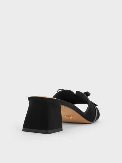 Leather & Suede Bow Heeled Mules - Black Textured | CHARLES & KEITH
