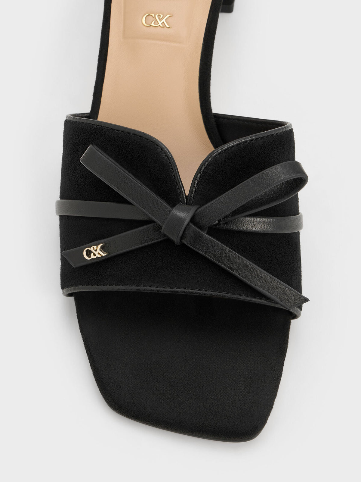 Leather & Suede Bow Heeled Mules - Black Textured | CHARLES & KEITH
