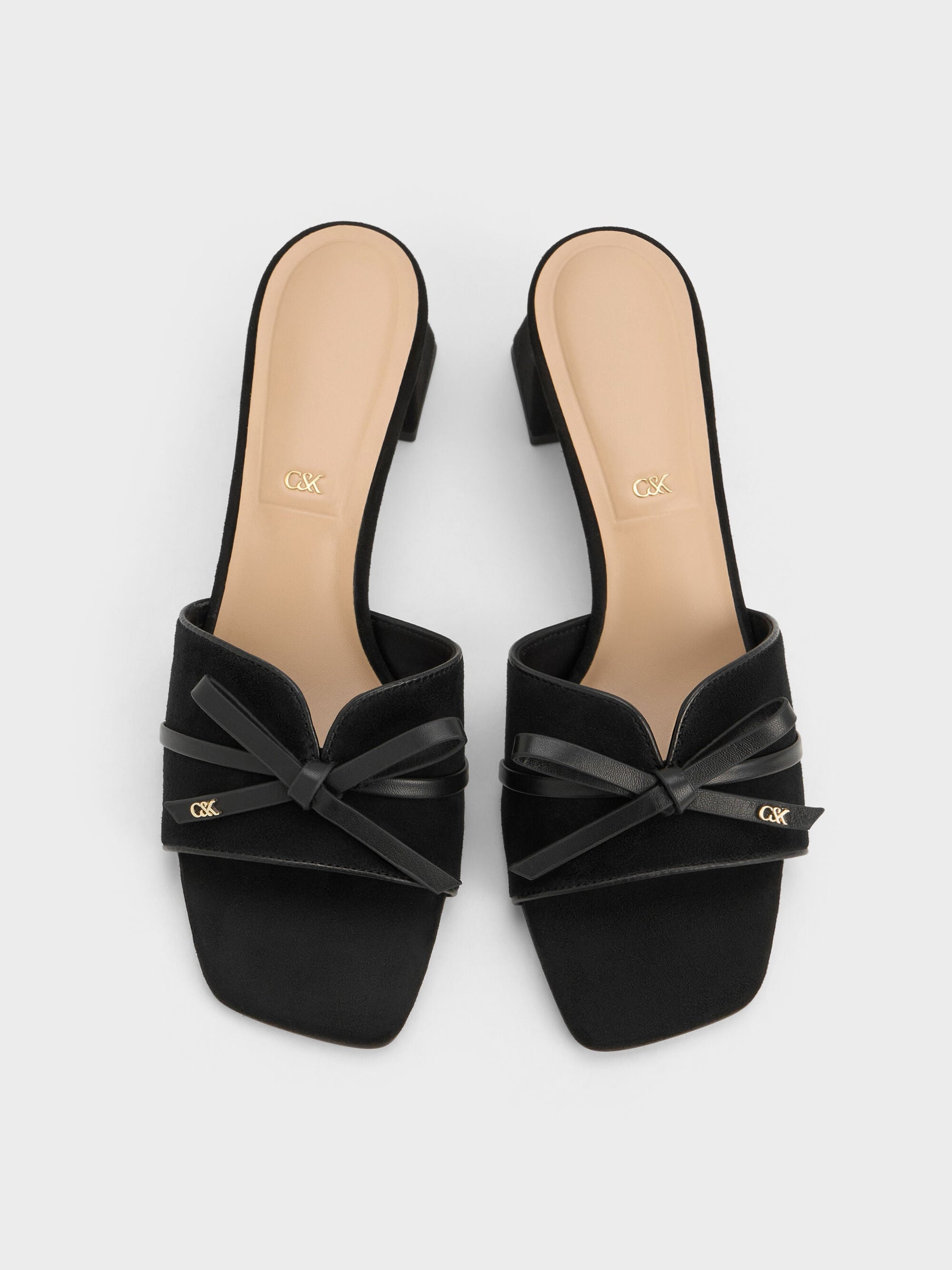 Leather & Suede Bow Heeled Mules - Black Textured | CHARLES & KEITH