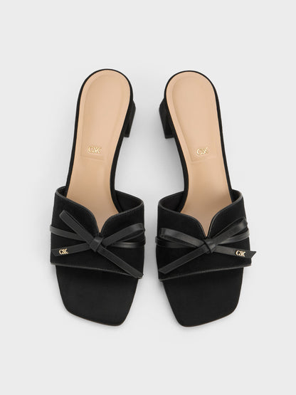 Leather & Suede Bow Heeled Mules - Black Textured | CHARLES & KEITH