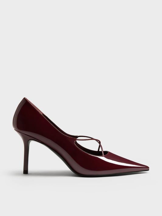 Patent Crossover Pointed Pumps - Burgundy | CHARLES & KEITH