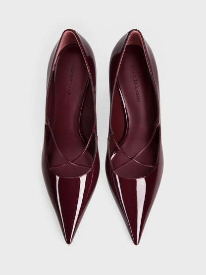 Patent Crossover Pointed Pumps - Burgundy | CHARLES & KEITH