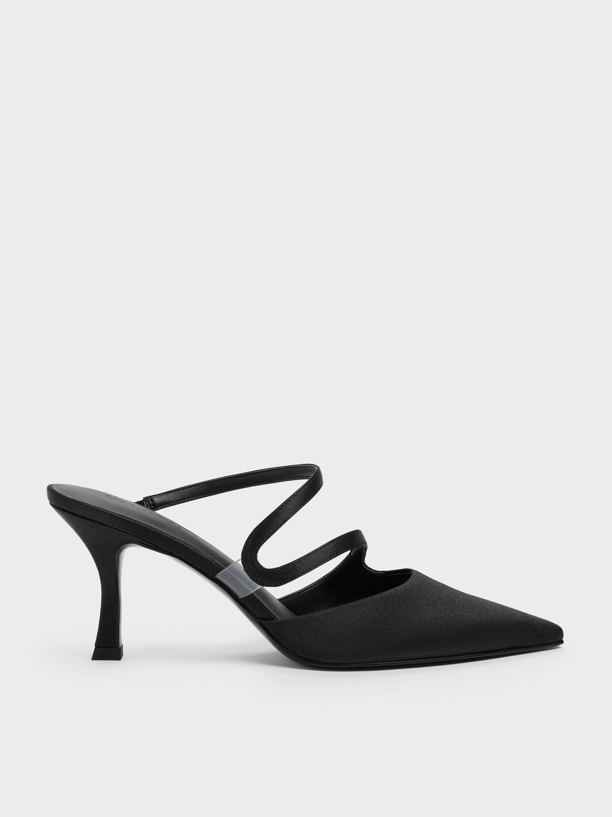 Arden Satin Pointed Wavy Heeled Mules - Black Textured | CHARLES & KEITH