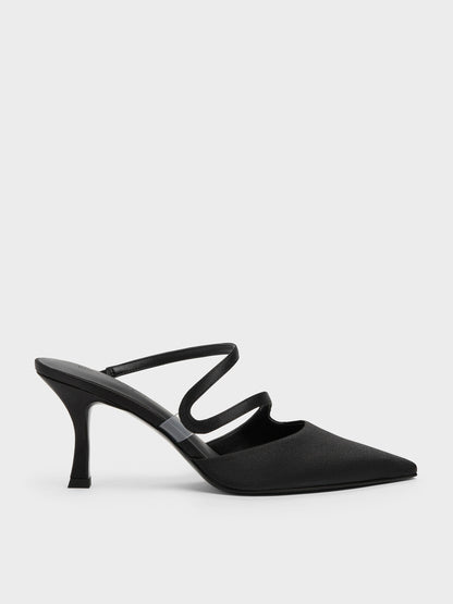 Arden Satin Pointed Wavy Heeled Mules - Black Textured | CHARLES & KEITH