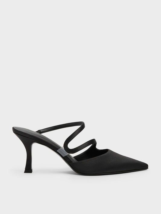 Arden Satin Pointed Wavy Heeled Mules - Black Textured | CHARLES & KEITH