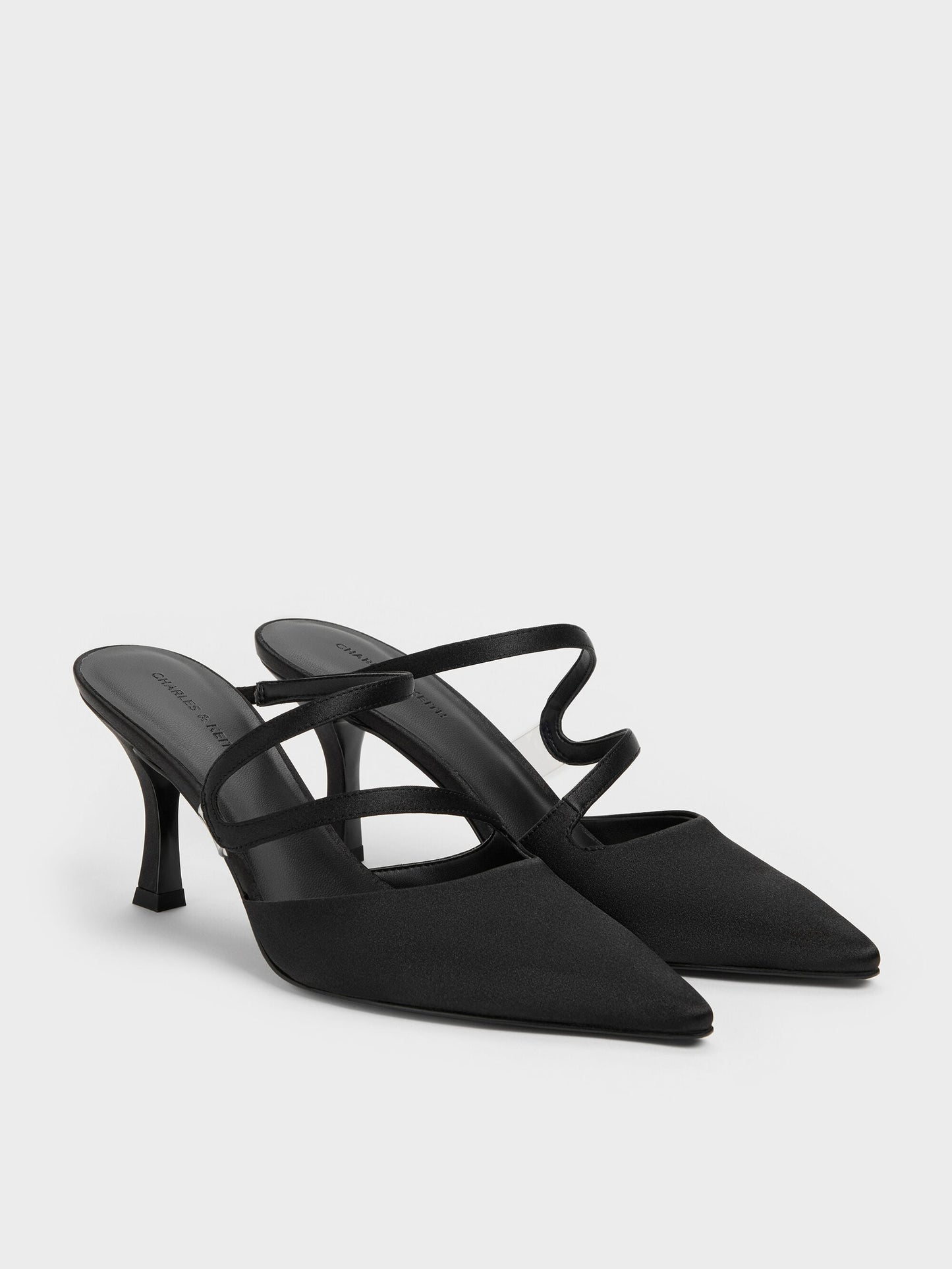 Arden Satin Pointed Wavy Heeled Mules - Black Textured | CHARLES & KEITH
