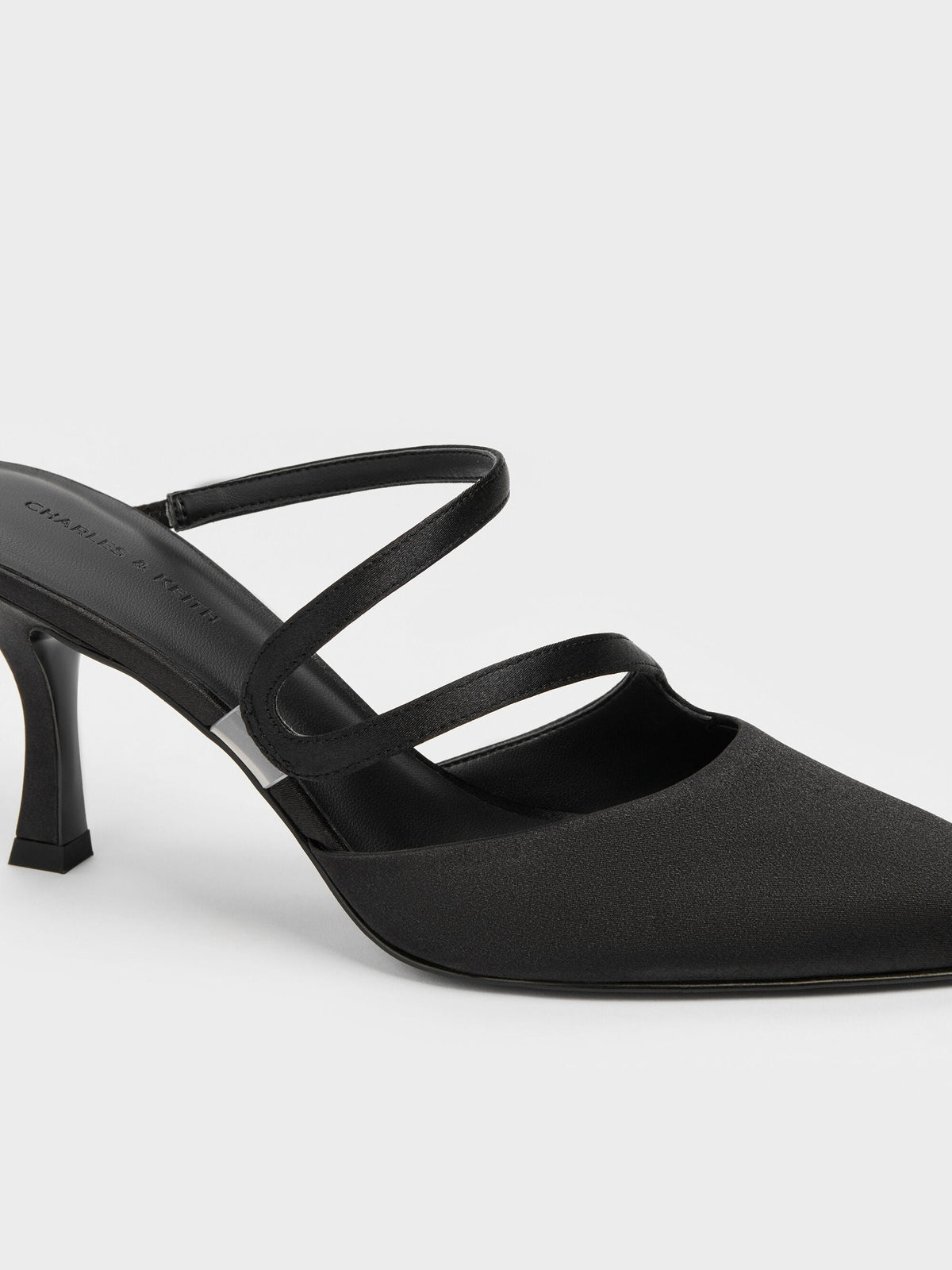 Arden Satin Pointed Wavy Heeled Mules - Black Textured | CHARLES & KEITH
