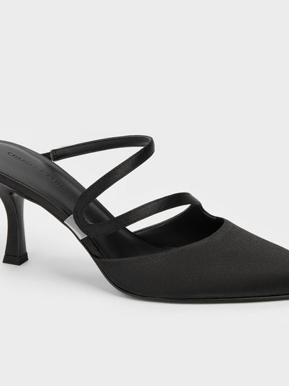 Arden Satin Pointed Wavy Heeled Mules - Black Textured | CHARLES & KEITH