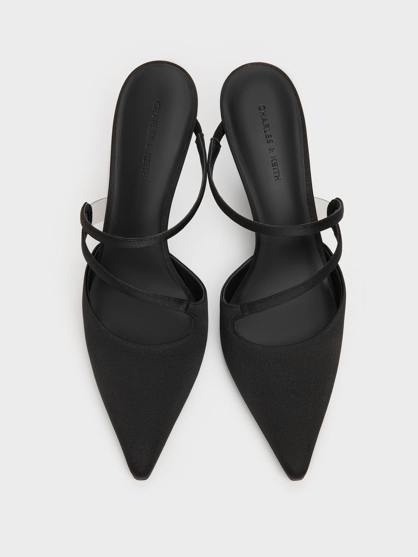 Arden Satin Pointed Wavy Heeled Mules - Black Textured | CHARLES & KEITH