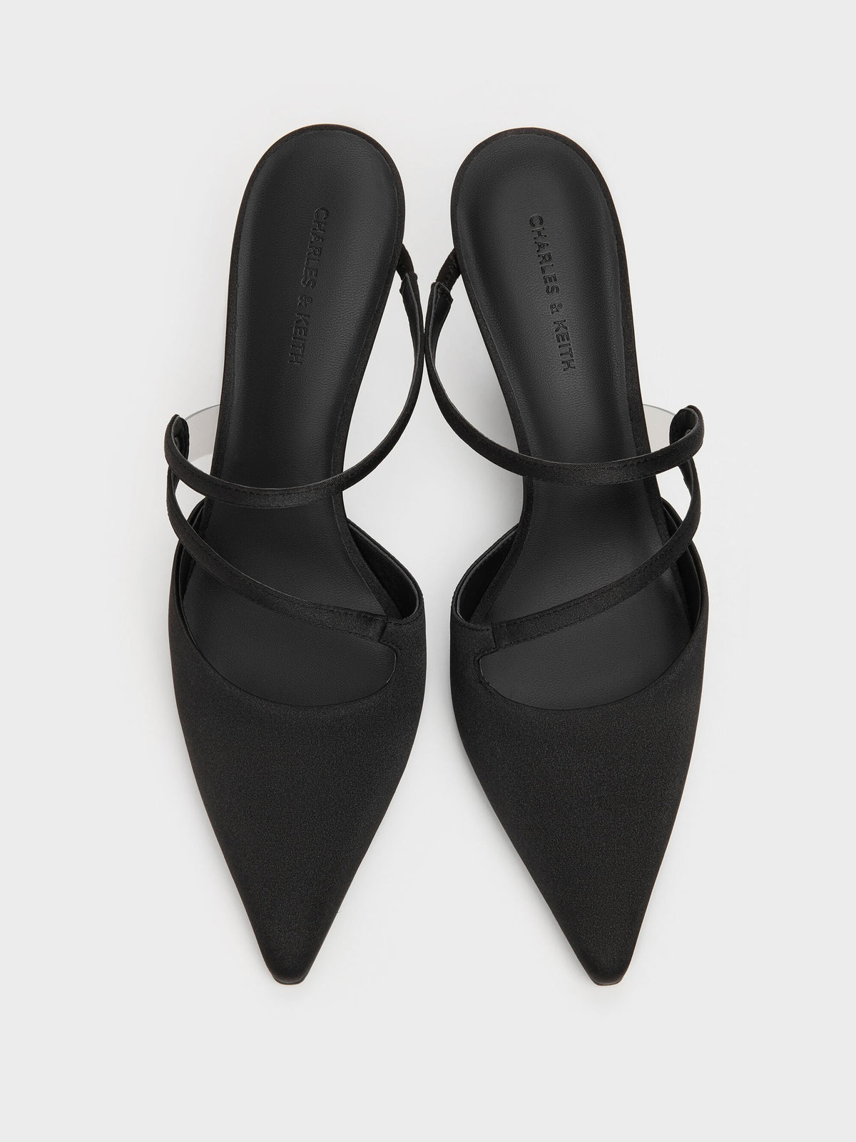 Arden Satin Pointed Wavy Heeled Mules - Black Textured | CHARLES & KEITH