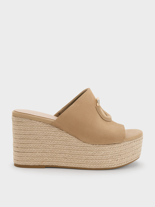 Faux Suede Metallic-Accent Espadrille Wedges - Sand | CHARLES & KEITH