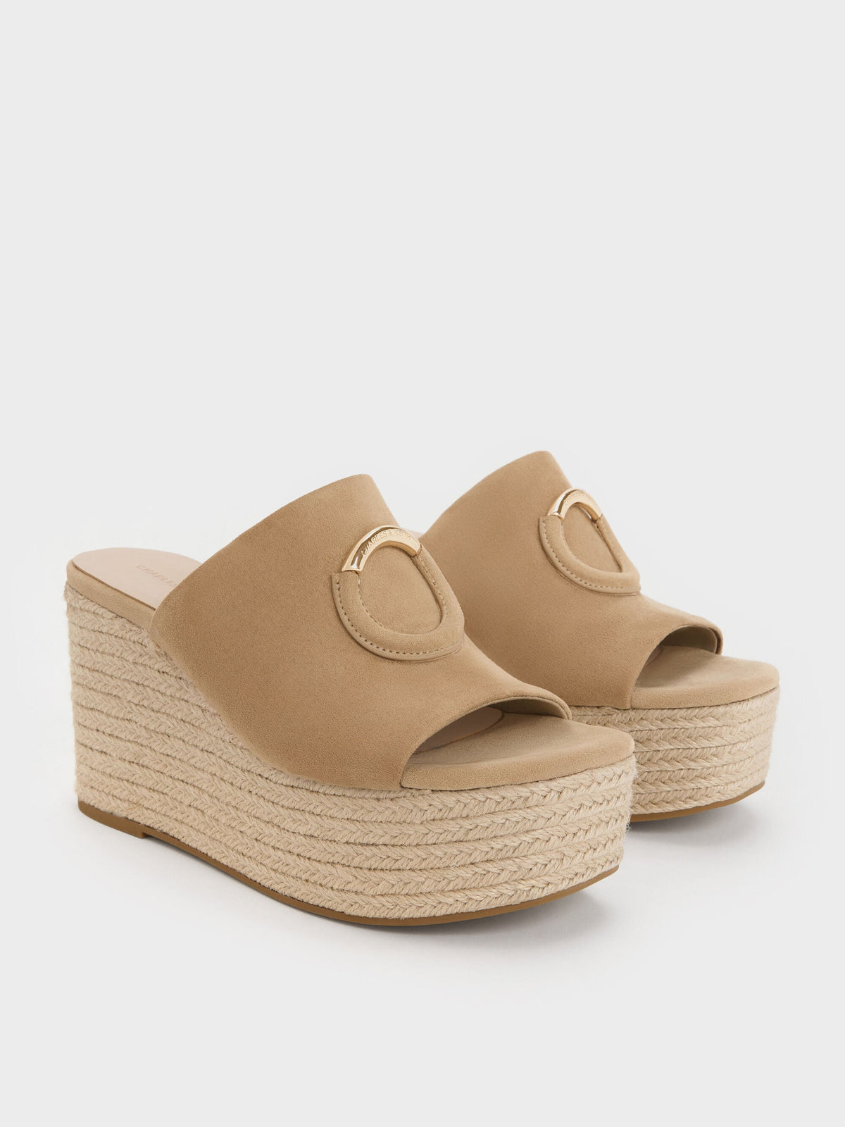 Faux Suede Metallic-Accent Espadrille Wedges - Sand | CHARLES & KEITH