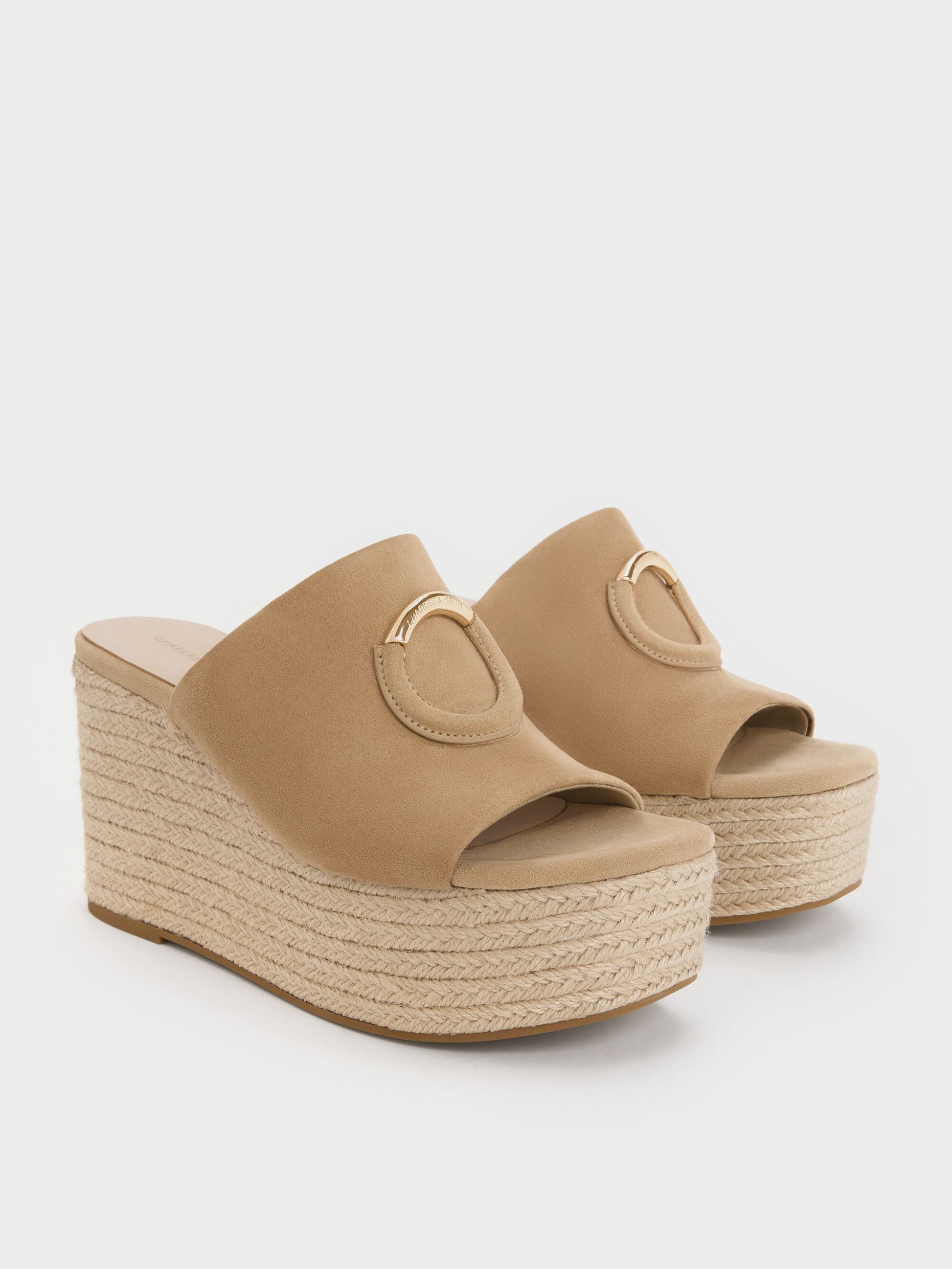 Faux Suede Metallic-Accent Espadrille Wedges - Sand | CHARLES & KEITH