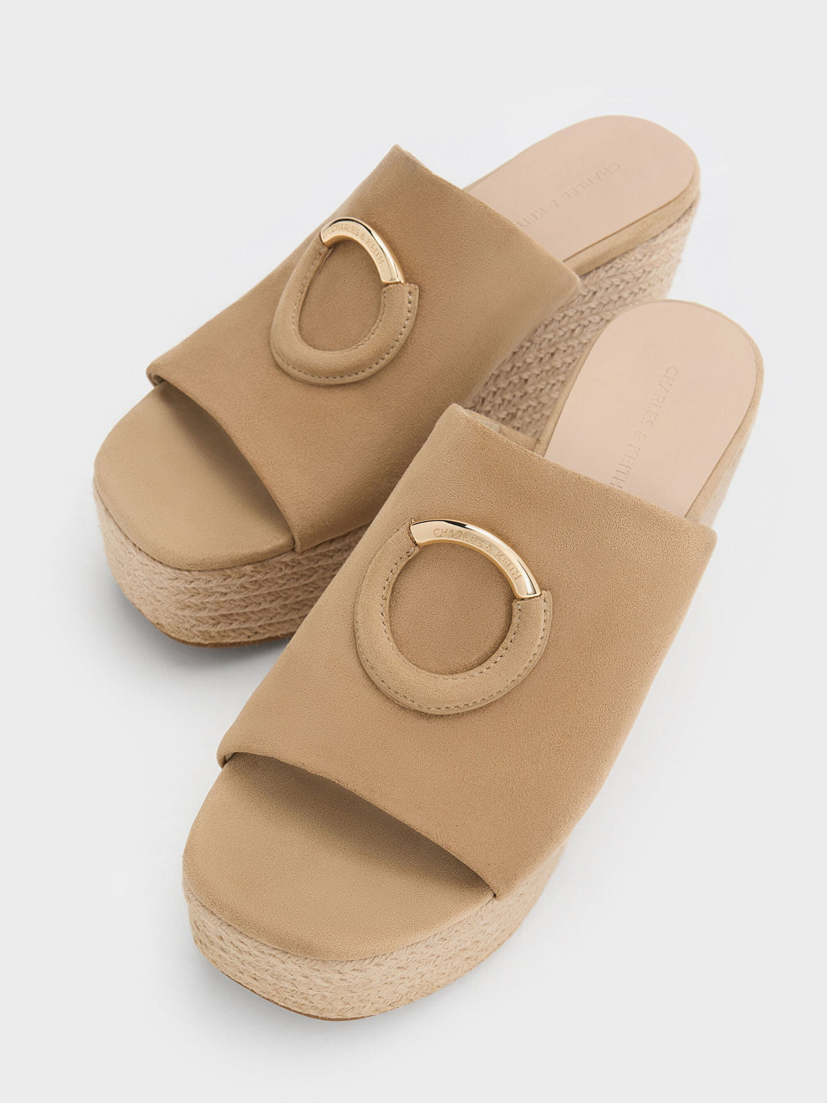 Faux Suede Metallic-Accent Espadrille Wedges - Sand | CHARLES & KEITH