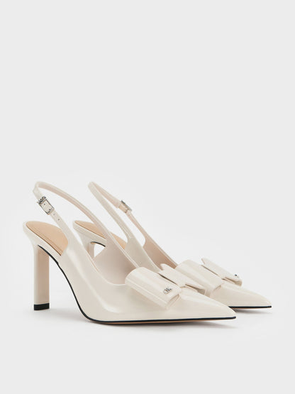 Lu Patent Leather Bow Slingback Pumps - Chalk | CHARLES & KEITH